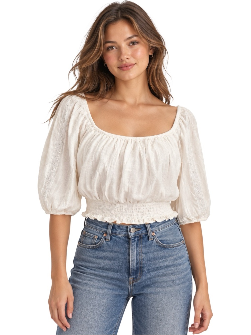 American Eagle White Smocked Lace Puff Sleeve Peasant Crop Top Medium